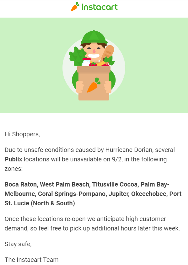 Email to Instacart Shoppers regarding Publix closures on September 2.